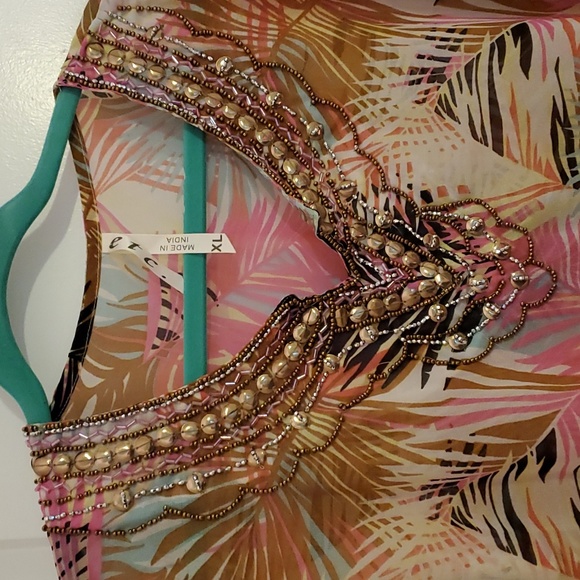 Sheer top coverup palm frond print beaded - Picture 3 of 5